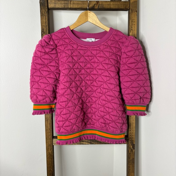 Voy Tops - VOY Pink Quilted Puff Sleeve Sweater S